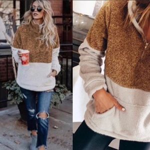 Fleece fur Two tone Colorblock Sherpa plush pullover half zip sweater